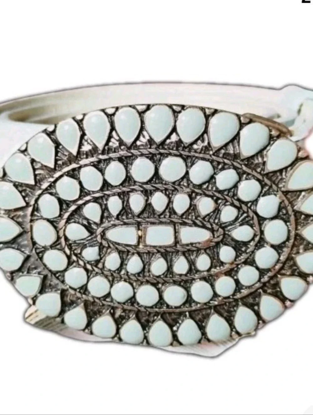 Doncaster Vintage Gray Italian Leather Belt Enamel Statement Buckle Sz 38